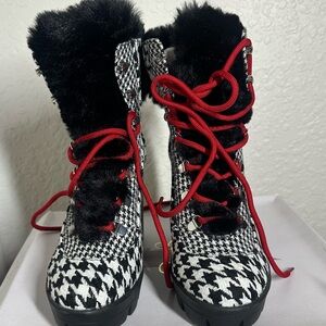 Jessica Simpson Black & White Houndstooth Lace-Up Boots with Red Laces